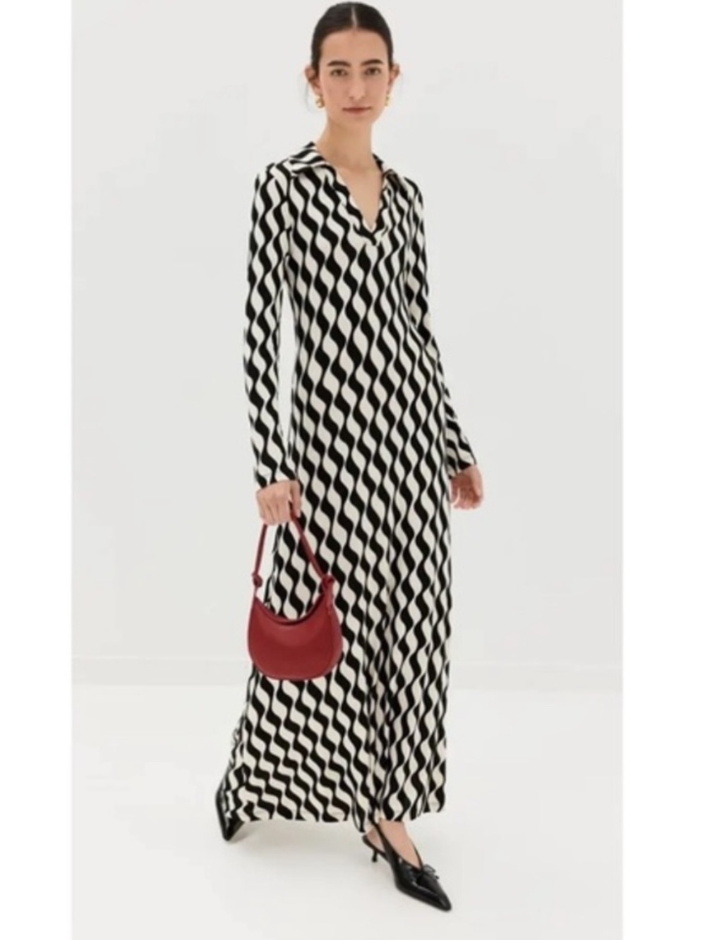 Rixo Dress Tillie Maxi Jersey Collar in Mono Wave Black White
